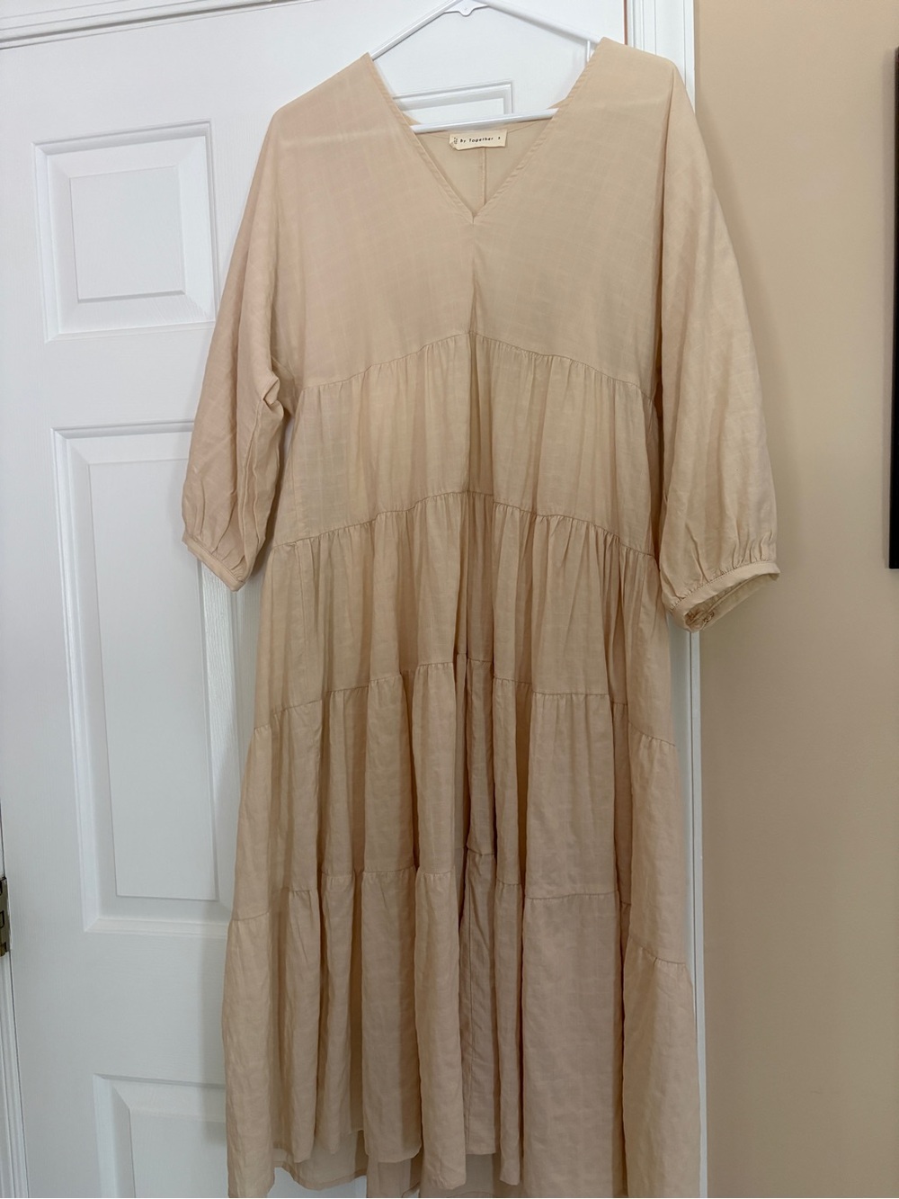 By Together Beige Tiered V-Neck Midi Dress